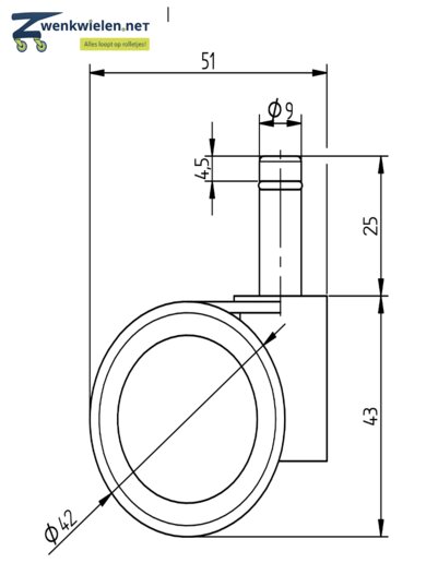 Meubelwiel stift 9 mm