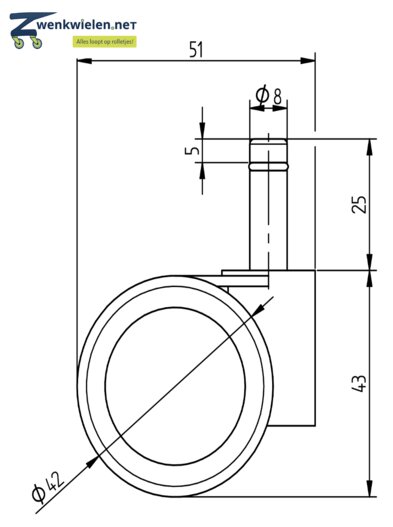 Meubelwiel stift 8 mm