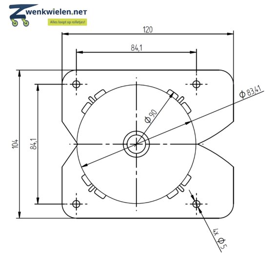 zwenkwielen tekening inbouwplaat