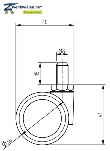 Meubelwiel 36 mm tekening