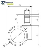 Meubelwiel hard stift 11 mm